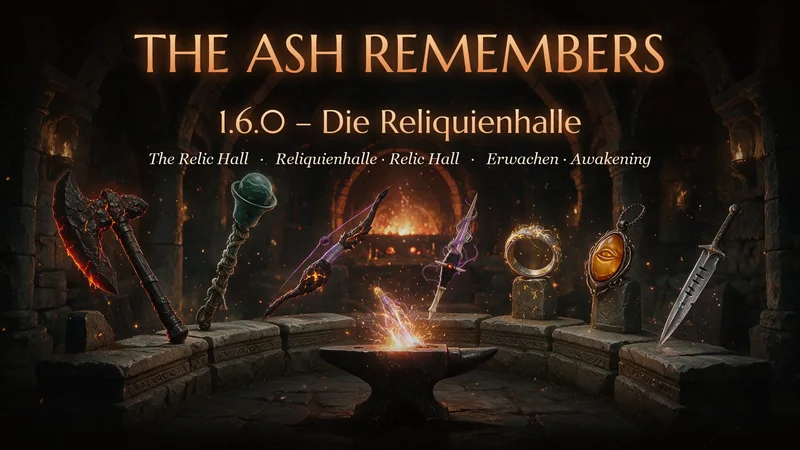Patch 1.6.0 — The Relic Hall: relics glowing on the anvil of the forge
