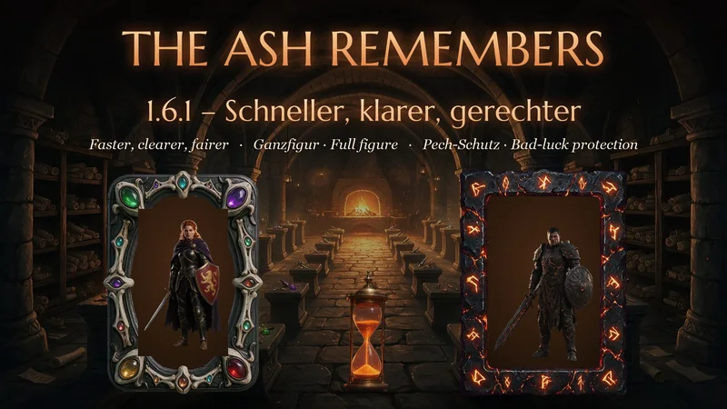 Patch 1.6.1 — Faster, clearer, fairer: two heroes at full height in rectangular frames in the Relic Hall, an hourglass of embers between them