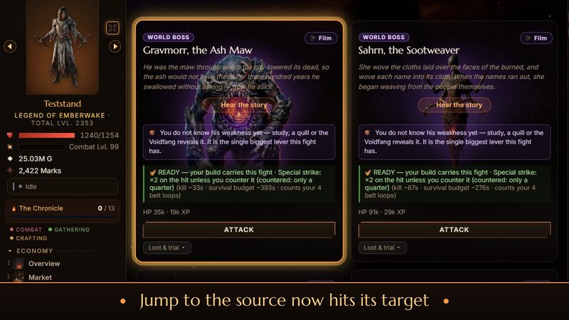 Jump to the source: the Codex click leads to the world boss card, centered and glowing with a pulsing border