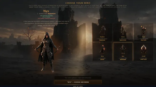 Hero select at the gates of Emberwake